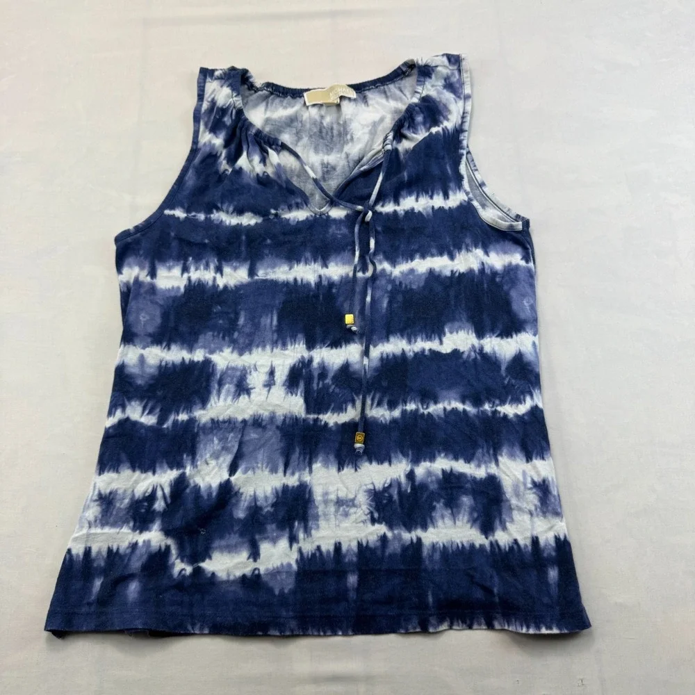 Michael Kors Blouse Top Womens Small Blue White Tie Dye Sleeveless V-Tie Neck